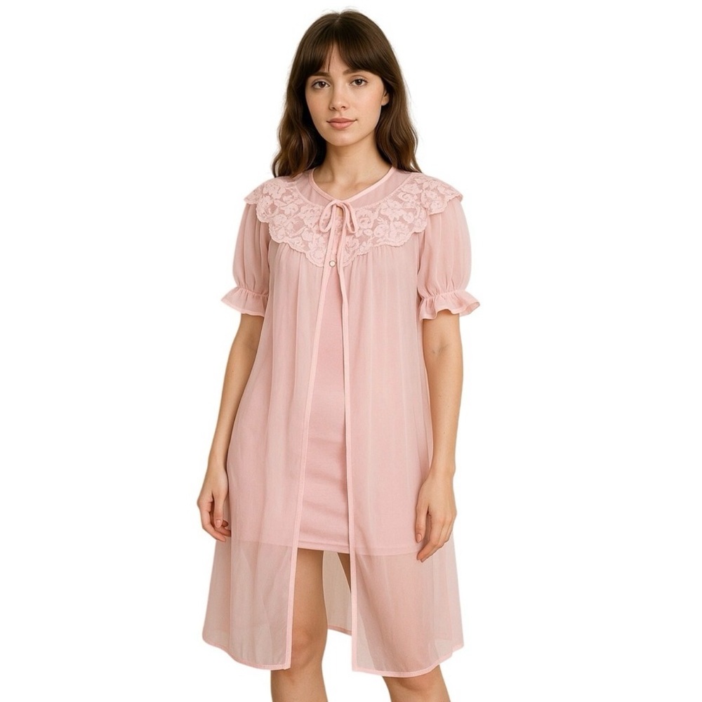 VINTAGE 70s Sheer Nylon Lace Peignoir Robe Pink Ruffle Sleeve Medium Coquette